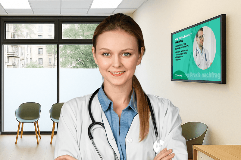 Doctor with ScreenWay Display in medical practice waiting room