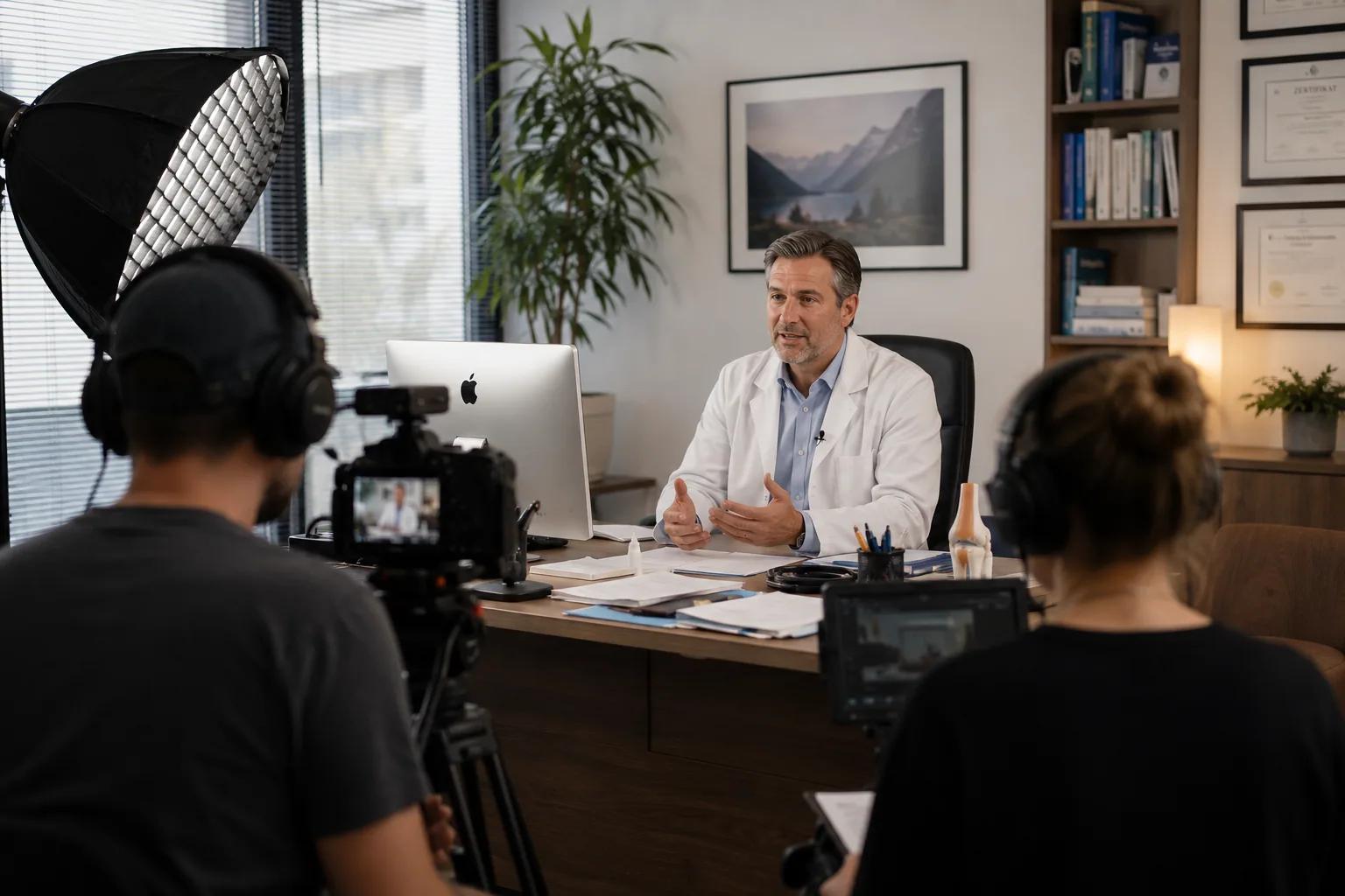 Arzt-Interview im Studio-Setup: Arzt am Schreibtisch wird von Kamerateam aufgezeichnet