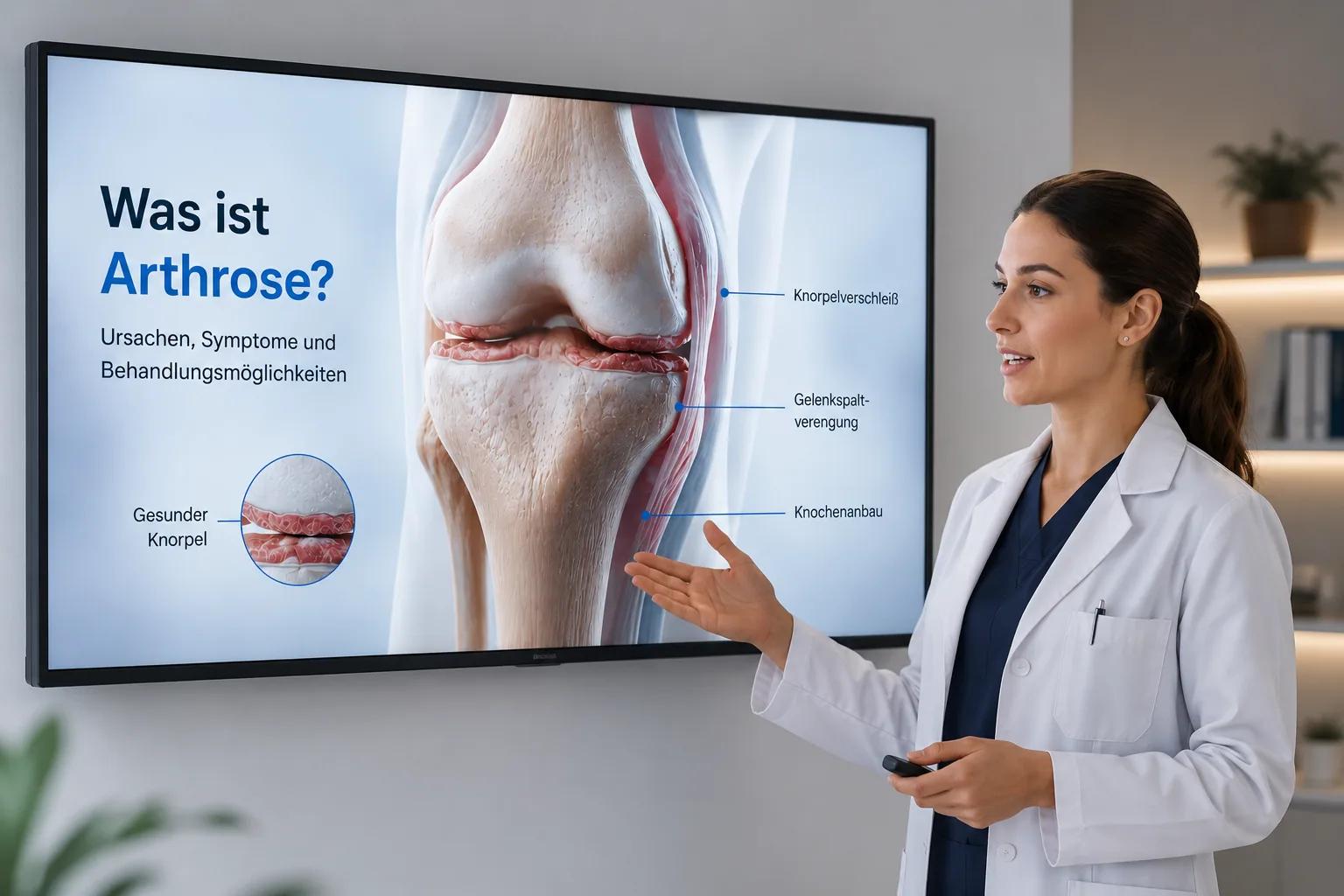 Medizinisches Erklärvideo zum Thema Arthrose auf einem Wartezimmer-Display