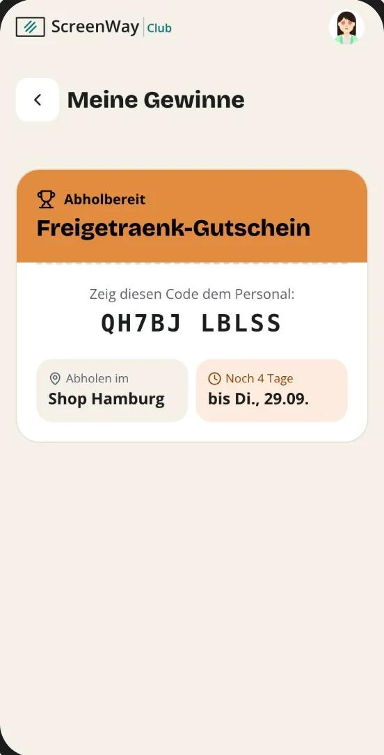 Member app: prize voucher with code, pick-up location and deadline