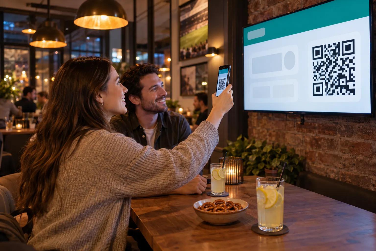 A guest scans the code on the screen with her phone, two lemonades on the table