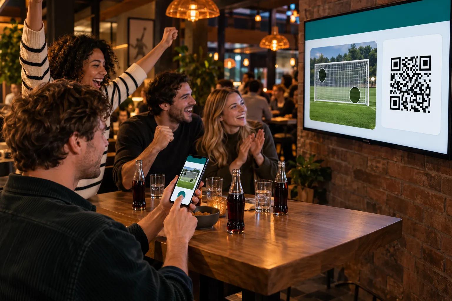 A guest shoots at the goal wall on screen with a swipe while his friends cheer