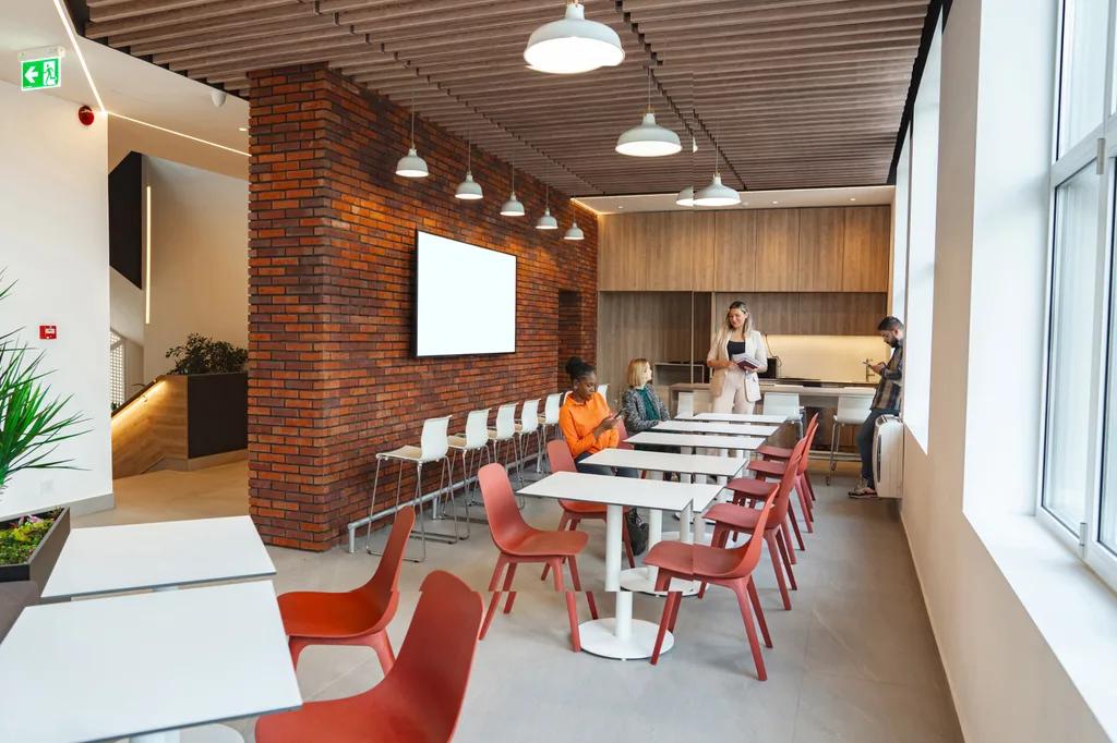 Kantine mit ScreenWay Display an der Backsteinwand zeigt Speiseplan und Team-News