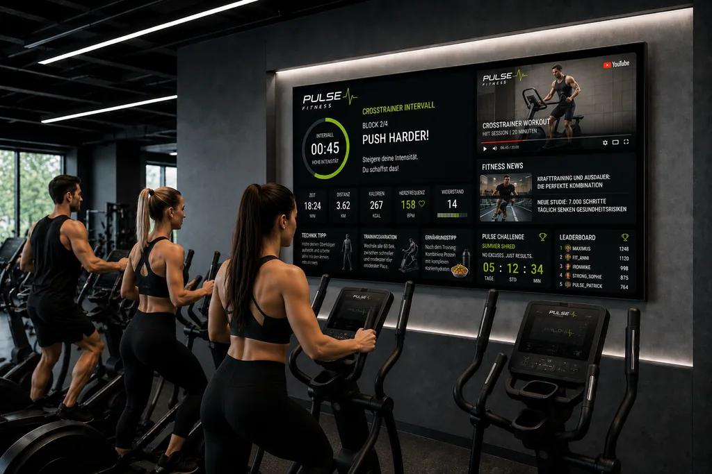 ScreenWay workout screen on the cardio floor Cardio area in a gym with treadmills and spin bikes in front of a ScreenWay display showing training tips and a leaderboard