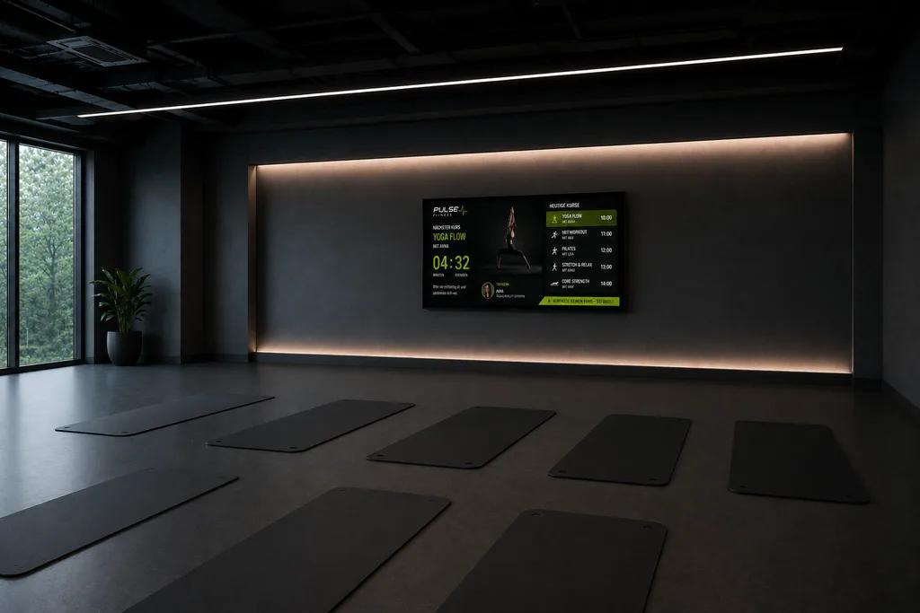 ScreenWay class board in the group room Group class room in a gym with a ScreenWay display showing class times, trainer profiles and a countdown to the next class