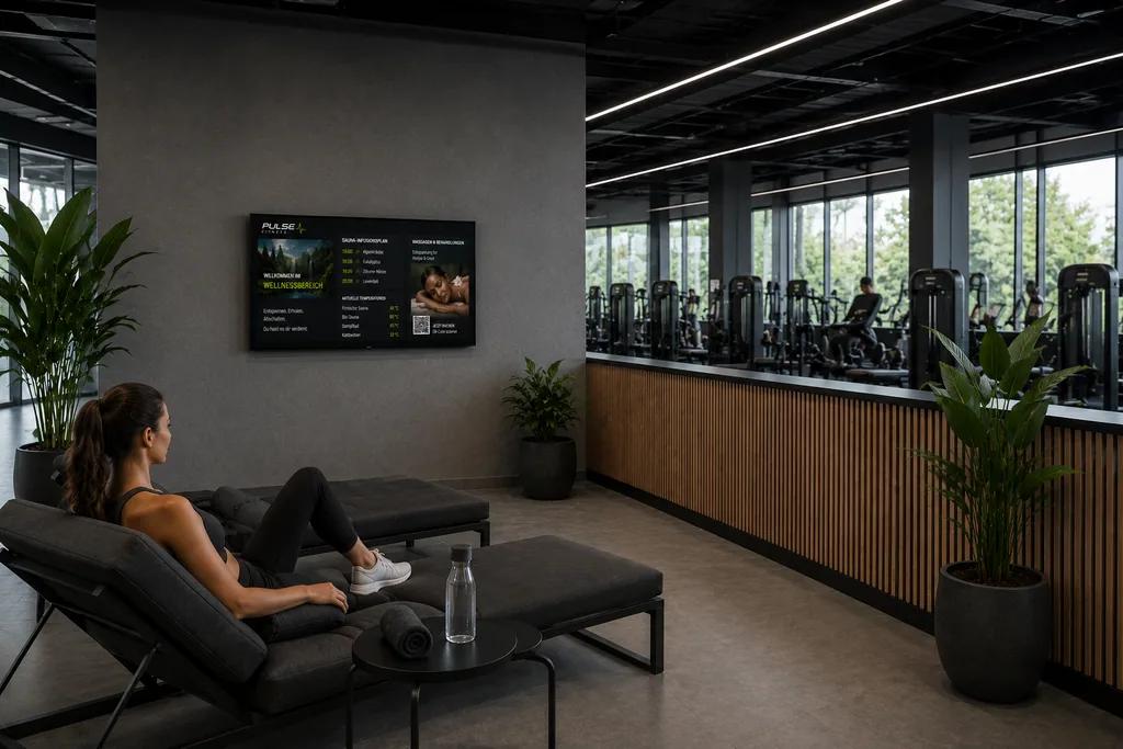 ScreenWay atmosphere display in the spa area Spa and wellness area in a gym with a ScreenWay display showing calm ambient imagery and booking hints for massages and sauna