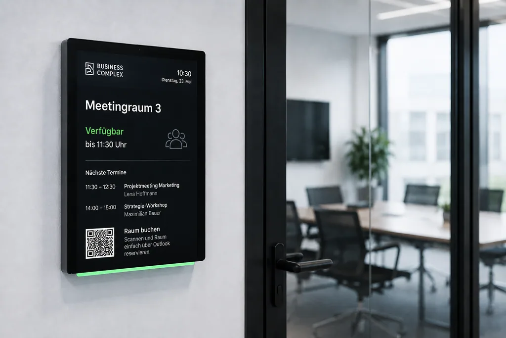 Digitales Türschild Meetingraum mit Belegungsstatus und Tagesterminen vor Konferenzraum