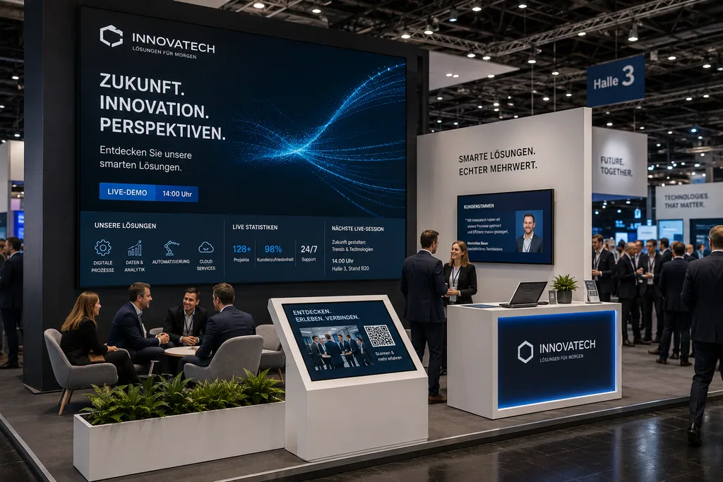 ScreenWay Digital Signage auf der Messe Moderner Messestand mit großformatigem ScreenWay-Display und interaktiver Standlösung