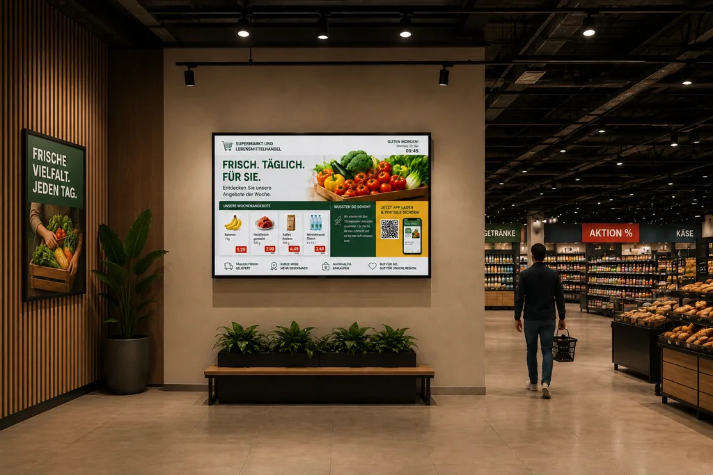 Supermarkt mit großem ScreenWay-Werbedisplay über Sitzbank und Frische-Aktion im Hintergrund