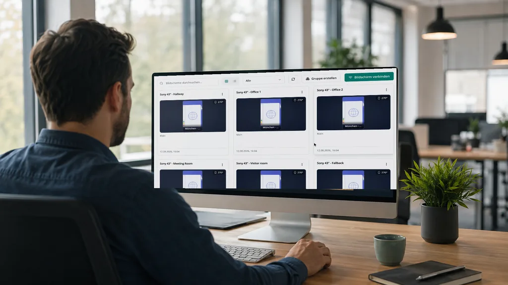 Homme à son bureau gère plusieurs écrans et sites dans la vue d'ensemble ScreenWay