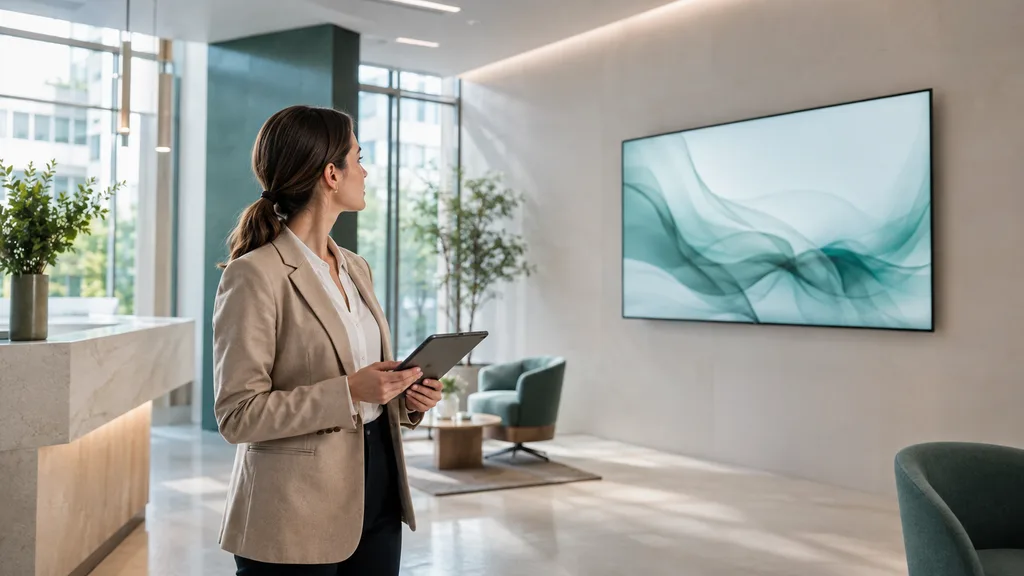 Collaboratrice avec une tablette met à jour le contenu d'un écran mural dans un hall de bureaux lumineux