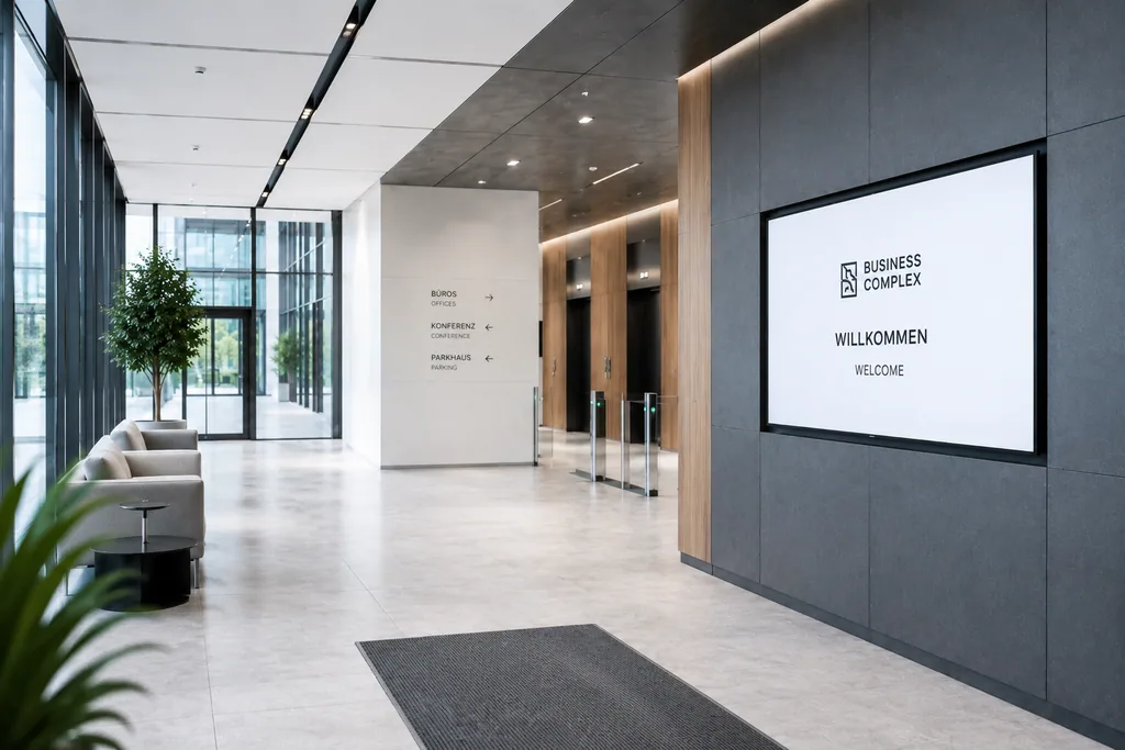 ScreenWay Willkommens-Screen in der Unternehmenslobby Moderne Bürolobby mit ScreenWay Willkommens-Display an der dunklen Empfangswand