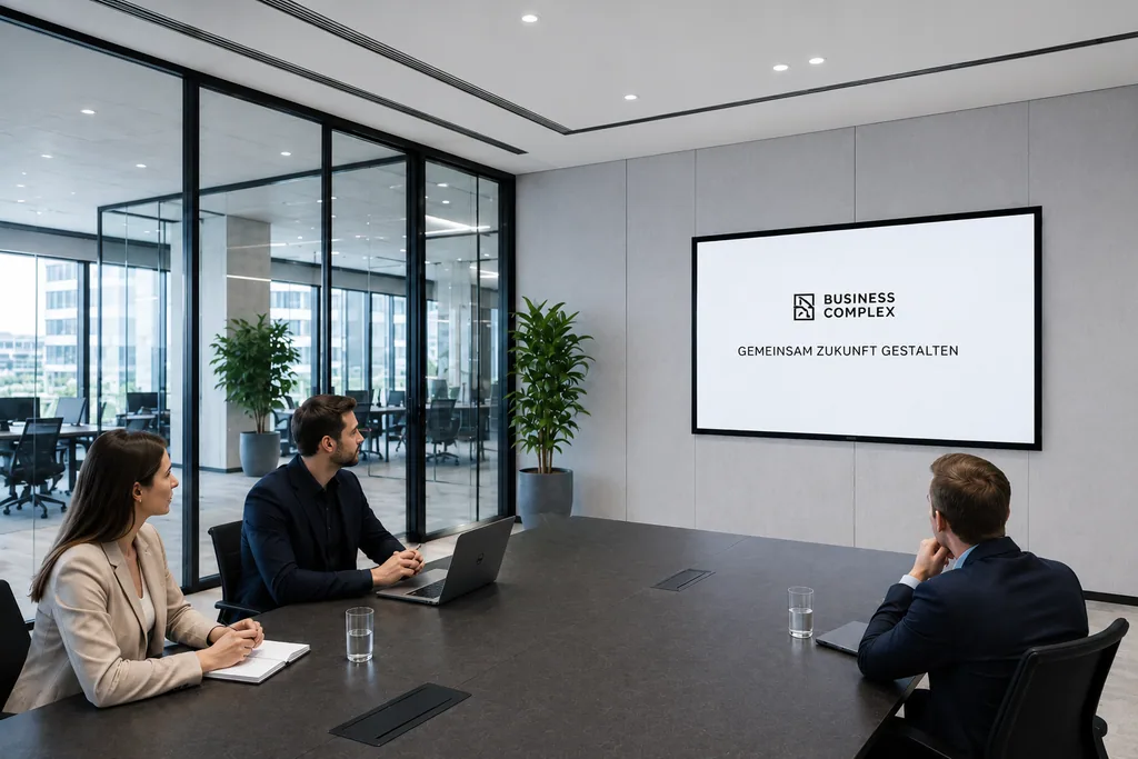 ScreenWay Raum-Display im Konferenzbereich Konferenzraum mit drei Kolleg:innen im Meeting und ScreenWay Display an der Wand