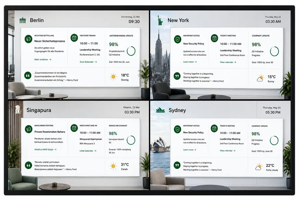 ScreenWay Multi-Standort-Steuerung weltweit ScreenWay Multi-Standort-Dashboard mit Live-Ansicht aus Berlin, New York, Singapur und Sydney