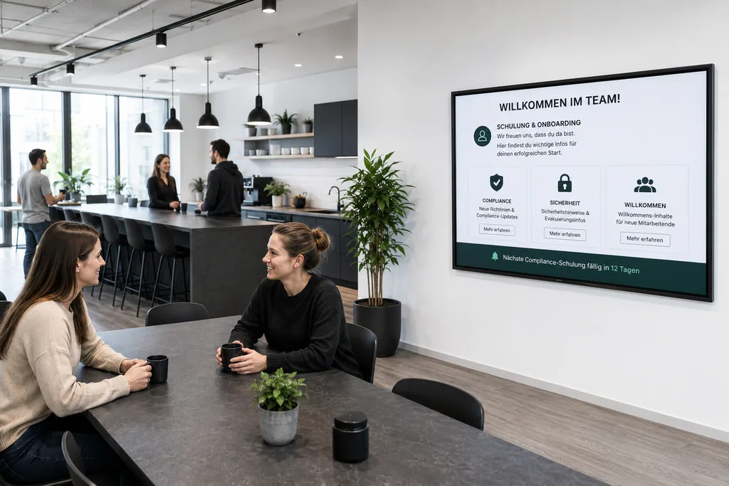 ScreenWay Schulungs- und Onboarding-Display Zwei Kolleginnen im Bürolounge-Bereich vor einem ScreenWay Onboarding-Display mit Willkommens- und Compliance-Inhalten