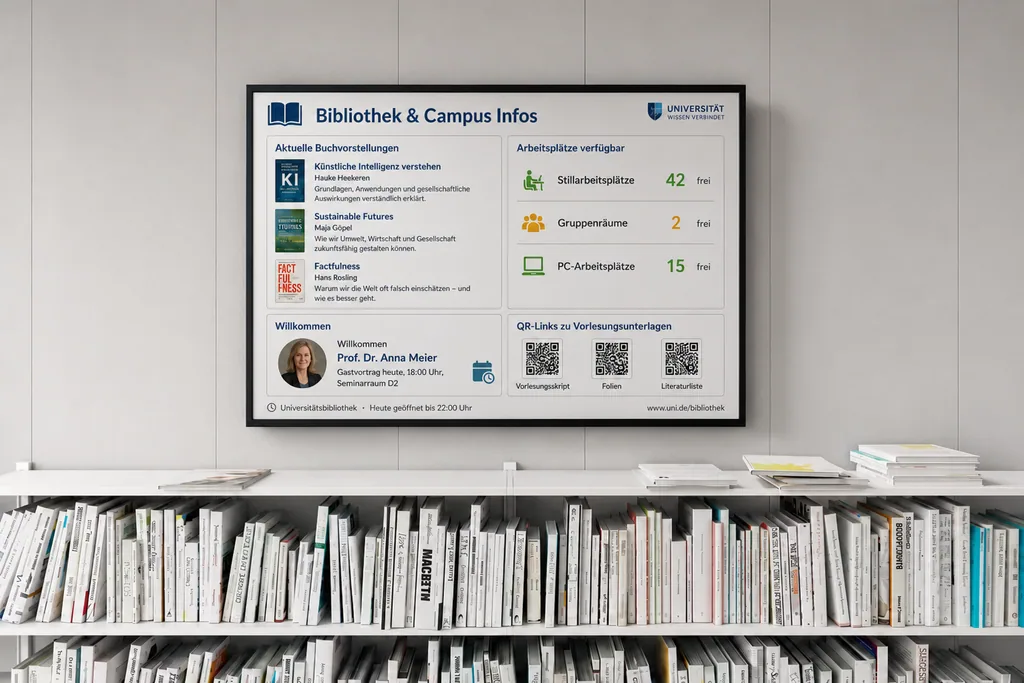 ScreenWay Display in der Schulbibliothek Schulbibliothek mit ScreenWay Display für aktuelle Informationen