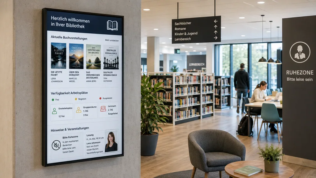 In der Bibliothek Display in der Schulbibliothek zeigt Buchvorstellungen und Arbeitsplatz-Verfügbarkeit