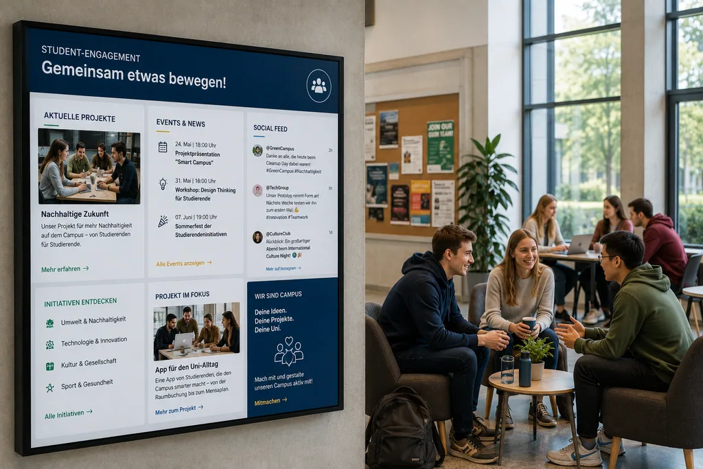 Student-Engagement Display mit Studierenden-Engagement zeigt Projekte und Social-Media-Feeds