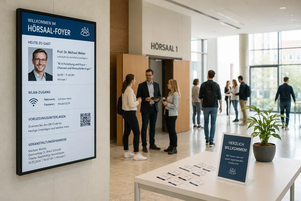 Im Hörsaal-Foyer Display im Hörsaal-Foyer begrüßt Gastreferenten und zeigt WLAN-Zugang