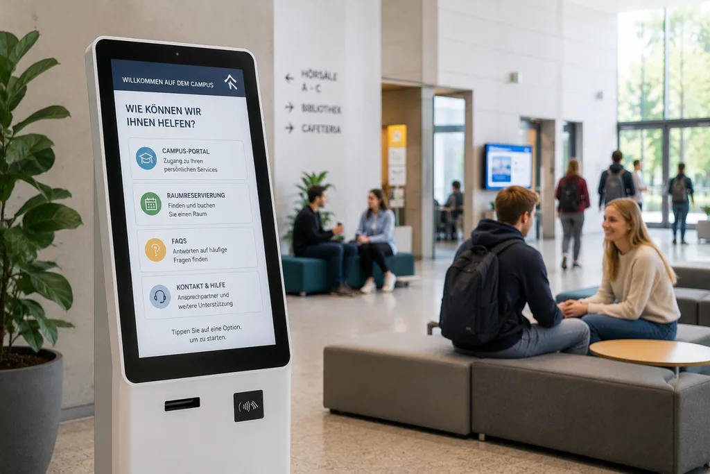 Self-Service-Kioske Self-Service-Kiosk im Campus-Foyer mit Zugang zu Portalen und Reservierungen