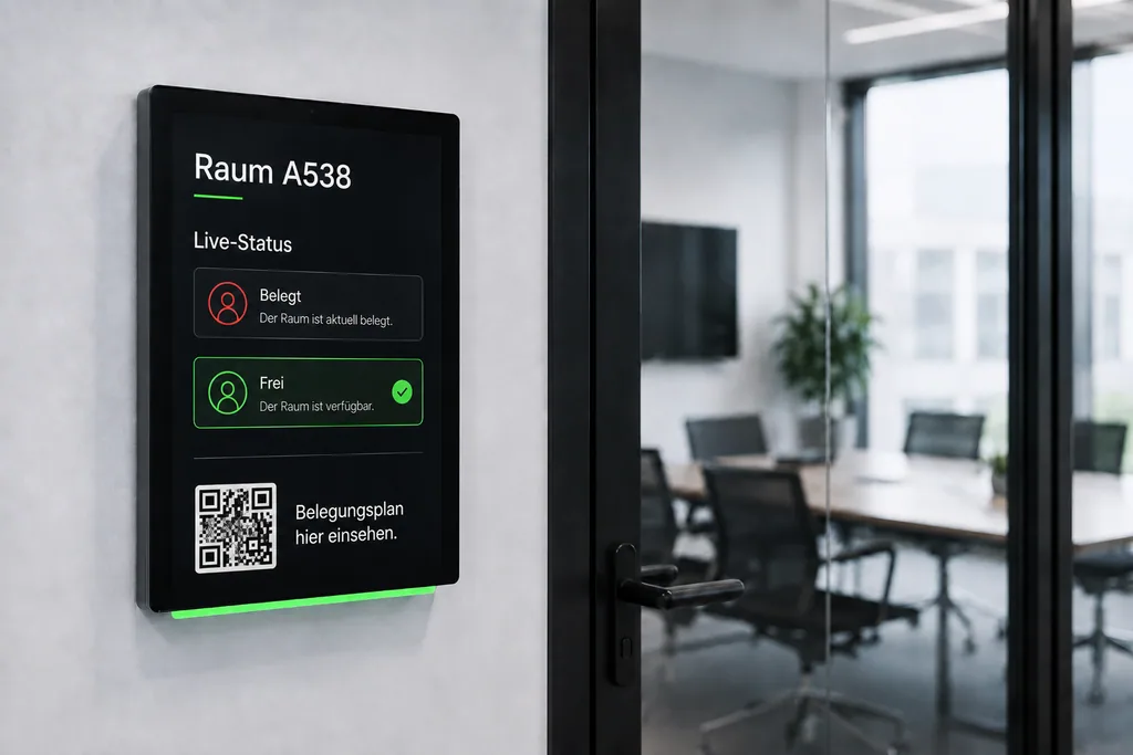 Digitales Türschild im Hochschulflur Digitales Türschild mit Live-Status der Raumbelegung