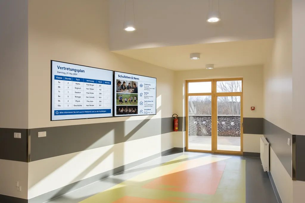 ScreenWay Vertretungsplan-Display im Schulfoyer Schulfoyer mit ScreenWay Display zeigt aktuellen Vertretungsplan