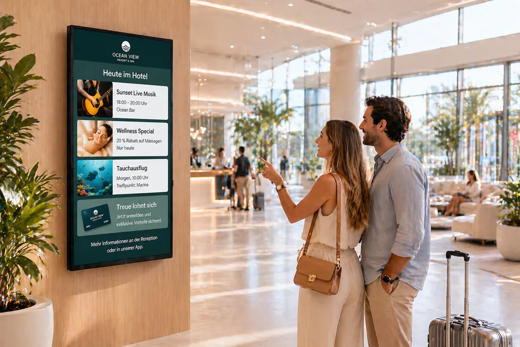Digitales Lobby-Display zeigt Hotel-Events, davor ein Pärchen