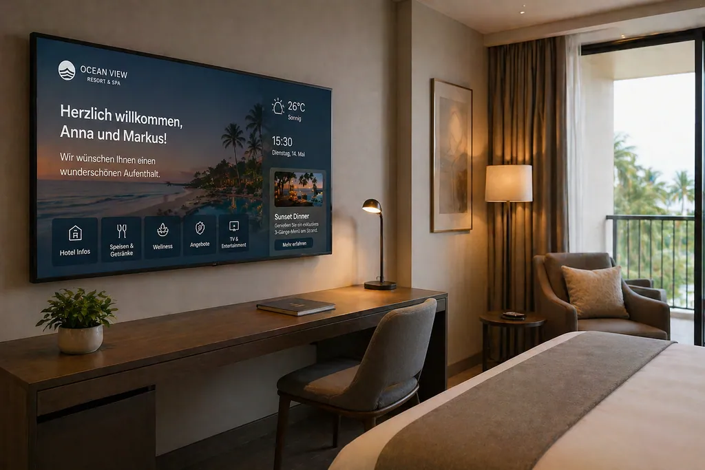 Persönlicher Begrüßungsbildschirm in einem Hotelzimmer