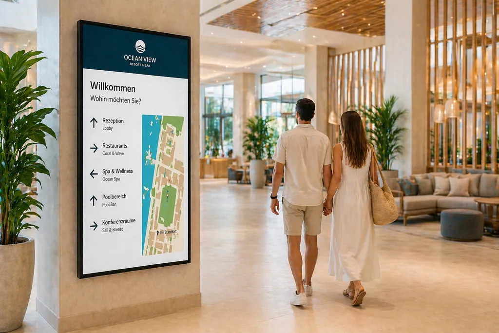 Digitales Wegfindungs-Display in der Hotellobby mit Pärchen