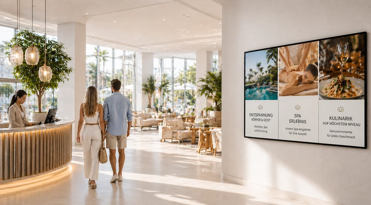 Hotel Lobby mit ScreenWay Wandbildschirm – Entspannung, Spa-Erlebnis und Kulinarik