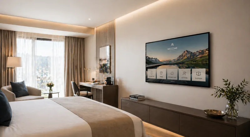 Hotelzimmer mit ScreenWay In-Room-TV für Roomservice und Empfehlungen