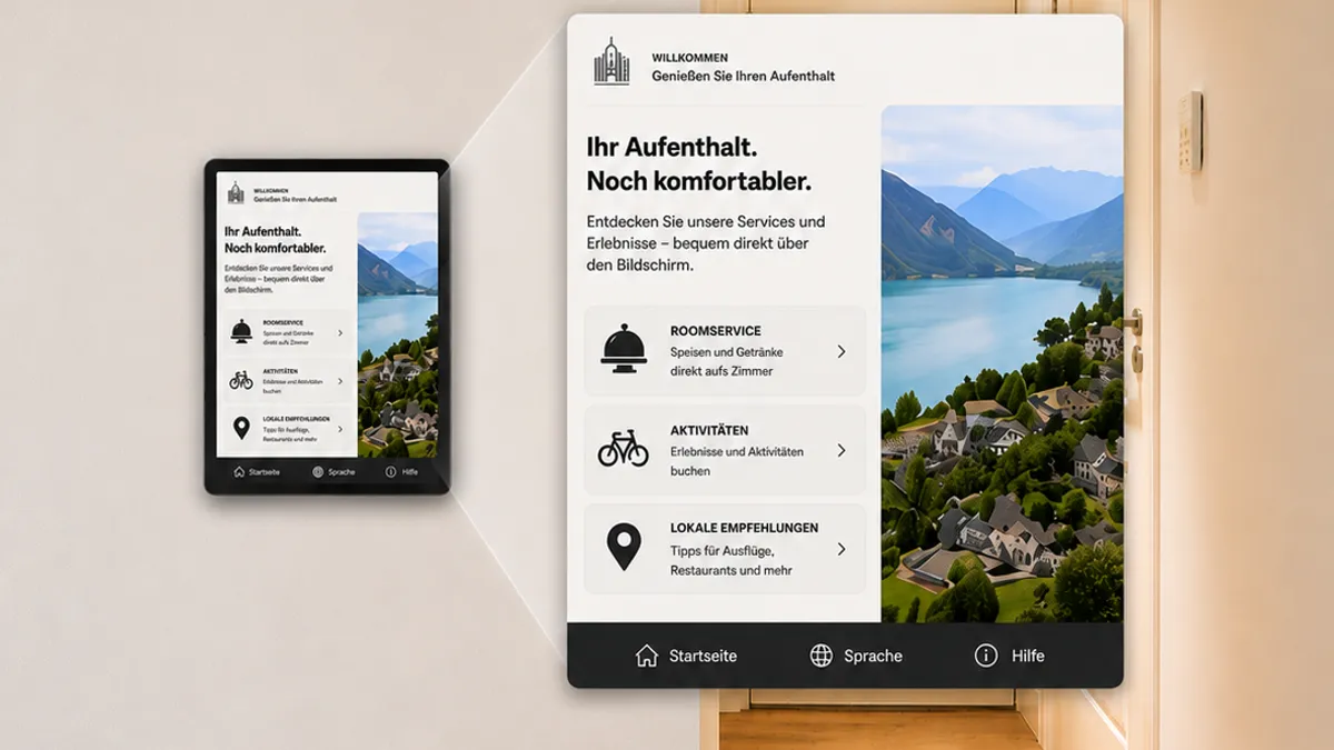 ScreenWay-Display im Hotelzimmer für Roomservice und Gästeservice Modernes Hotelzimmer mit ScreenWay-Display für Roomservice, Aktivitäten und lokale Empfehlungen