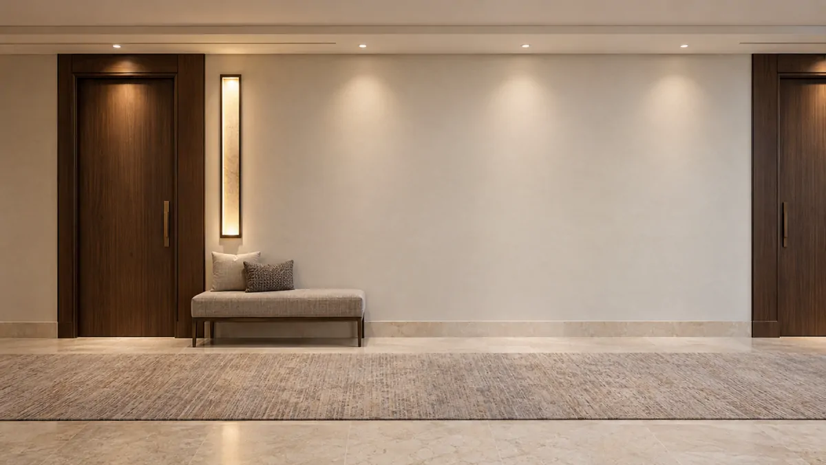 ScreenWay im Tagungsbereich – Veranstaltungen, Uhrzeiten und Wegeleitung am Display Flur vor den Tagungsräumen eines Hotels mit ScreenWay Wandbildschirm und Tagesprogramm