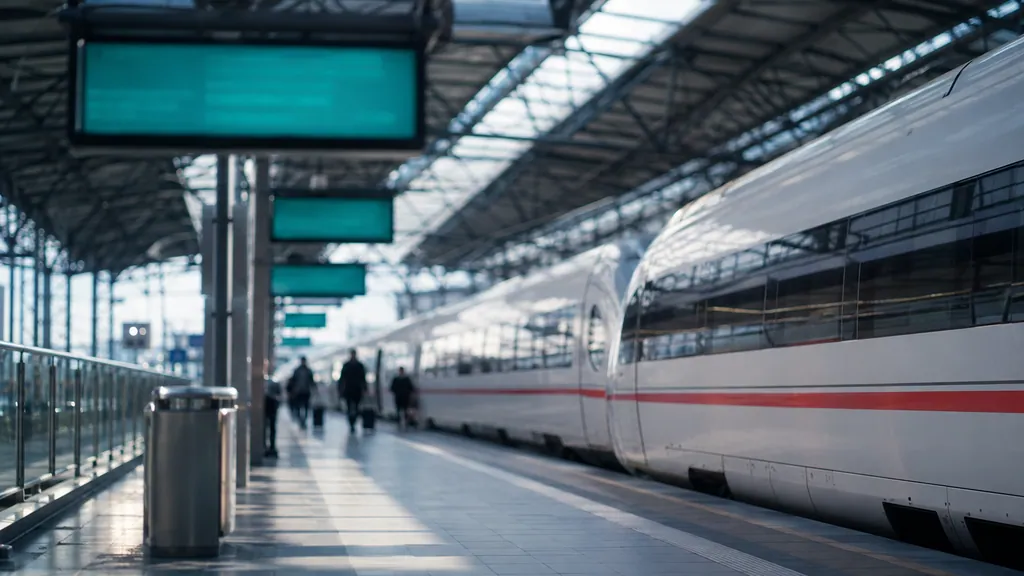 Bahnsteig eines modernen europäischen Fernbahnhofs mit weißem Hochgeschwindigkeitszug und türkis leuchtenden Abfahrtsanzeigern unter einem Stahl-Glas-Dach