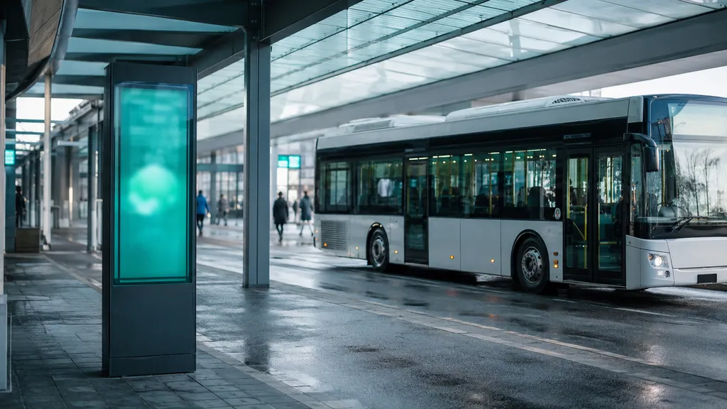 Überdachter Bussteig eines modernen Busbahnhofs mit haltendem Stadtbus und türkis leuchtender digitaler Haltestellen-Stele auf nassem Asphalt