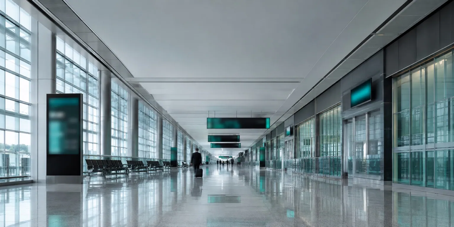 Heller Terminal-Korridor mit hängenden türkis leuchtenden Digital-Signage-Paneelen und spiegelndem Boden