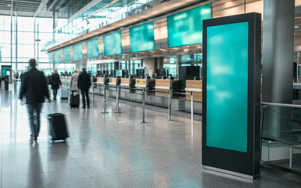 Check-in-Bereich einer Flughafen-Abflughalle mit Anzeigetafeln über den Schaltern und einer freistehenden Digital-Signage-Stele im Vordergrund
