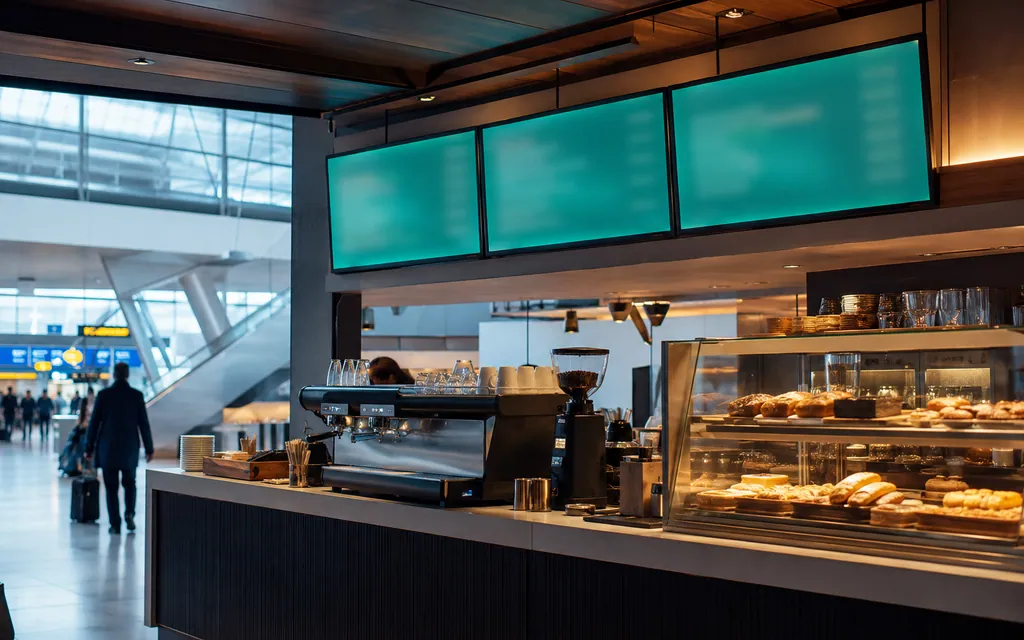 Gastronomiebereich in einem Flughafenterminal: Tresen mit Kaffeemaschine und Gebäckauslage, darüber drei digitale Menüboards