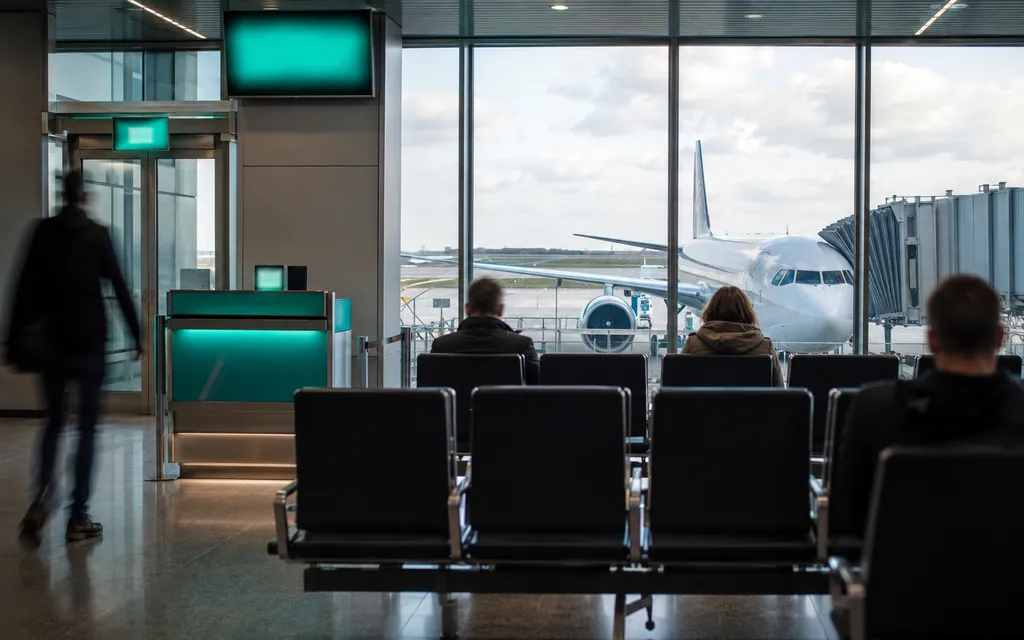 Gate-Wartebereich eines Flughafens mit Sitzreihen, Bildschirm über dem Gate-Schalter und Blick durch die Glasfront auf ein Flugzeug an der Fluggastbrücke