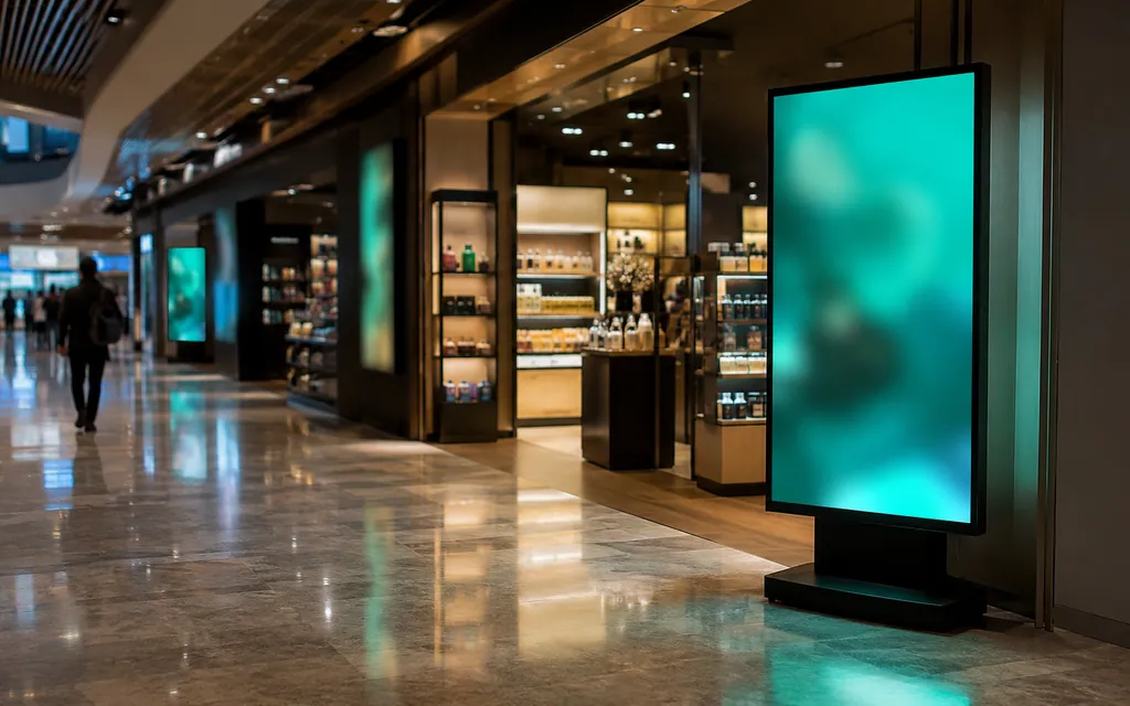 Einzelhandelszone in einem Flughafenterminal mit beleuchteten Regalen und einem großen digitalen Hochformat-Werbedisplay im Vordergrund
