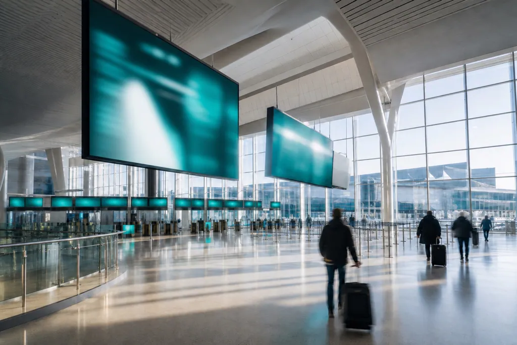 Flughafen-Terminalhalle mit Check-in-Bereich, großen türkis leuchtenden Anzeigetafeln und Reisenden mit Rollkoffern