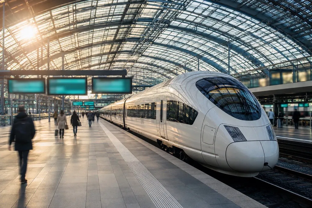 Bahnhofshalle mit Hochgeschwindigkeitszug am Bahnsteig, türkisen Abfahrts-Anzeigern und Pendlern
