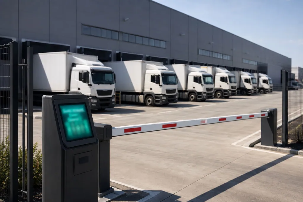 Logistikhof mit Sattelzügen an den Verladerampen und einer Zufahrtsschranke mit türkis leuchtendem Self-Service-Terminal
