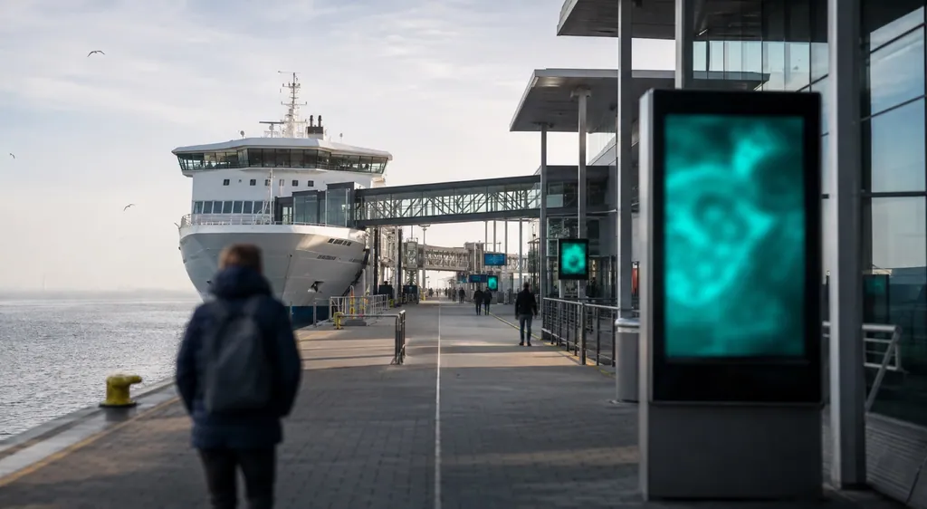 Fährterminal mit Fähre am Pier, verglaster Passagier-Gangway und türkis leuchtender Anzeigestele