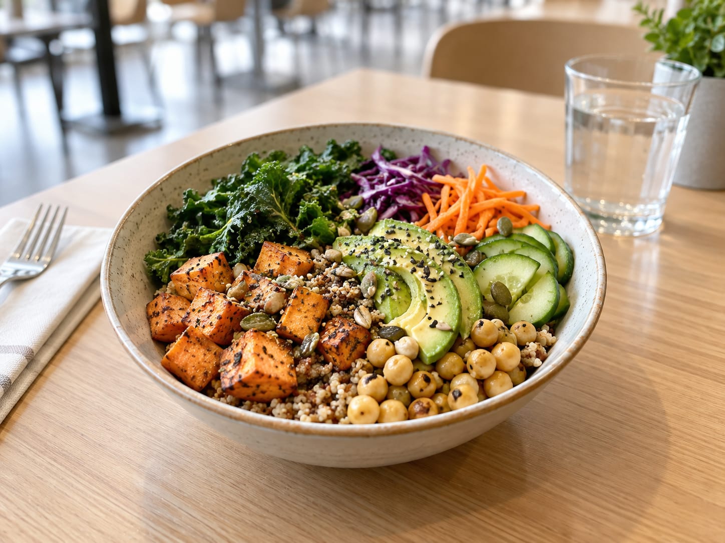 A lunch bowl with vegetables and grains on a light wooden table