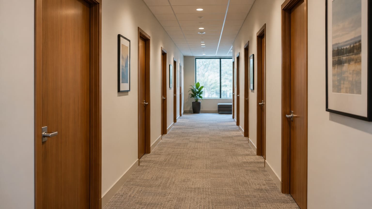 Corridor with the closed doors of private offices
