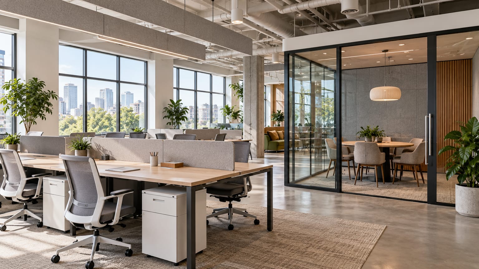 Coworking floor with open desks and a glazed meeting box