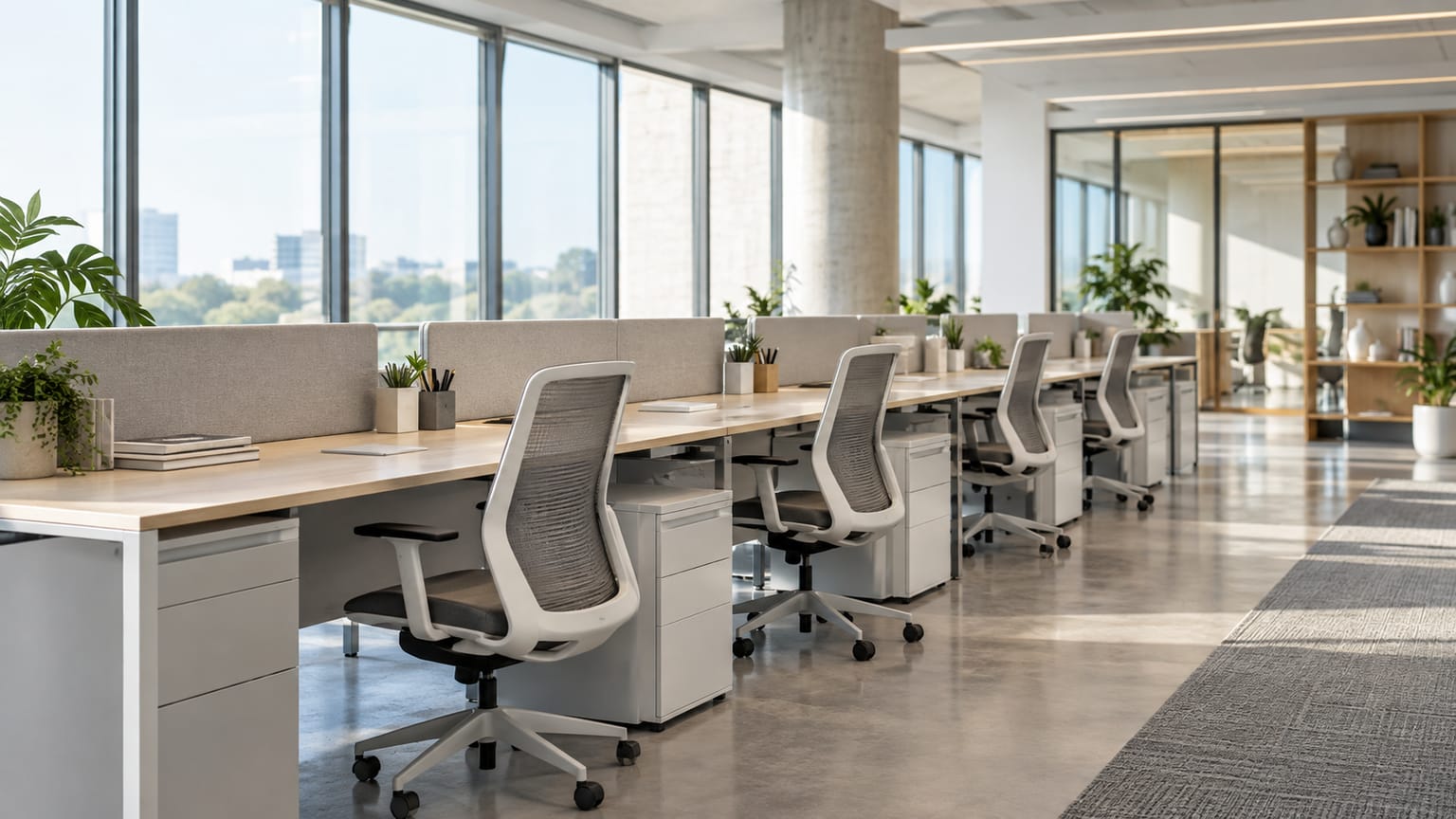 A row of identically equipped desks in an open-plan office
