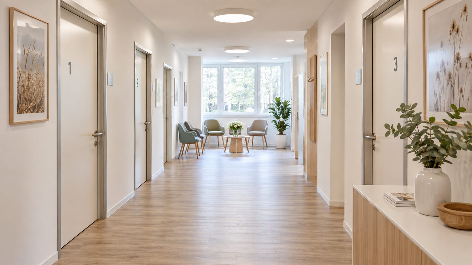 A bright practice corridor with treatment room doors and a waiting area