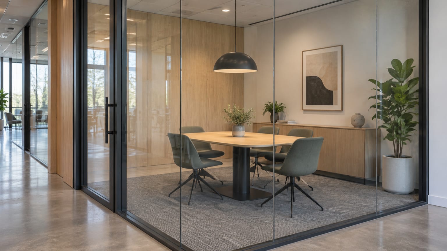 Small meeting room behind a glass wall, seen from the corridor